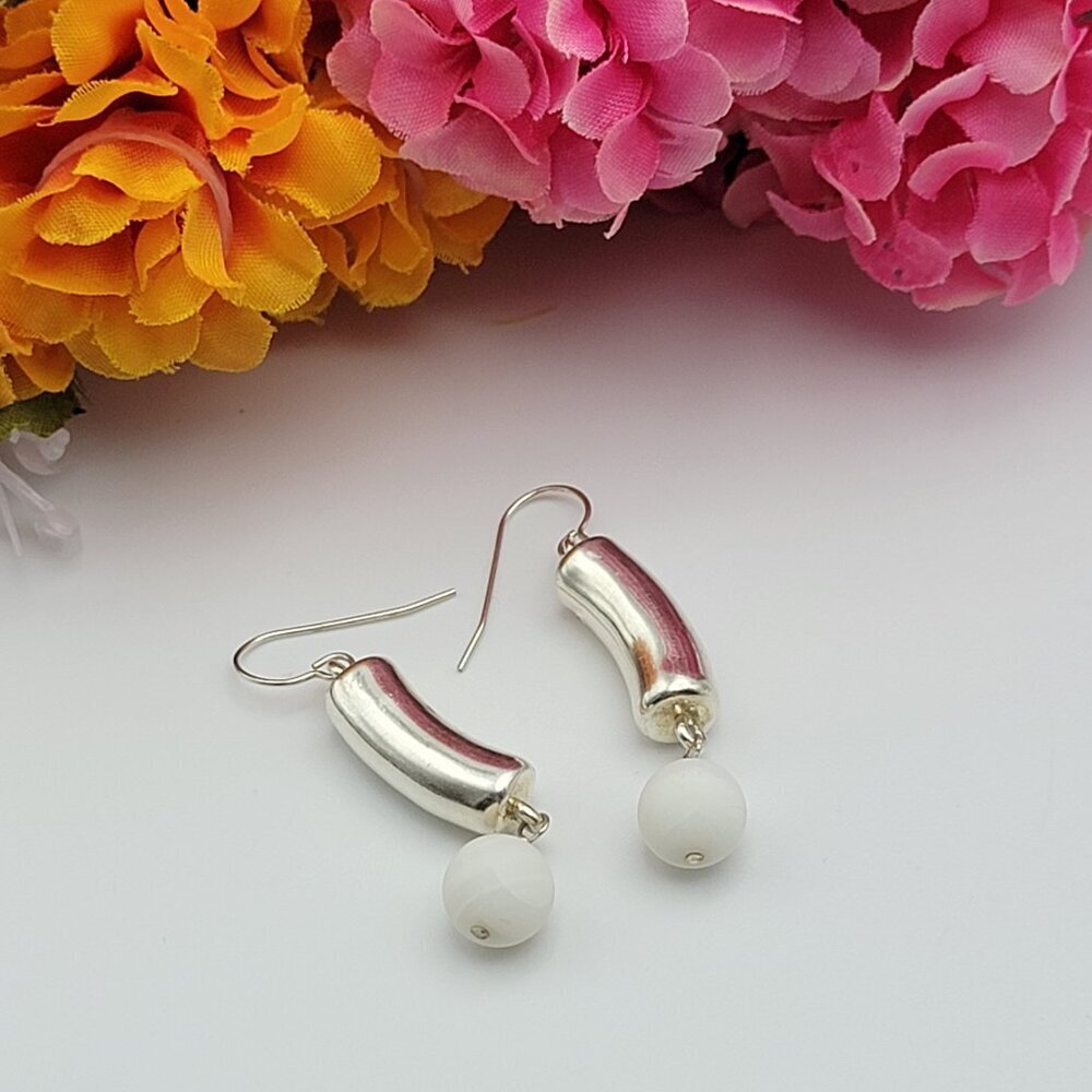 Minimalist White Gemstone Sterling Silver Drop Earrings 1.5" French Wire
